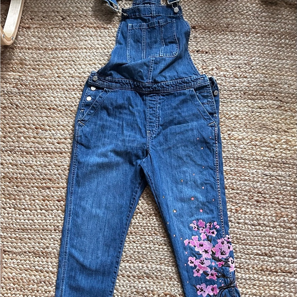 Women's Blue Denim Overalls with Cherry Blossom Embroidered Leg